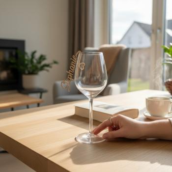 Filigran gelaserter Holzname mit Herzanhänger, klar und minimalistisch präsentiert.